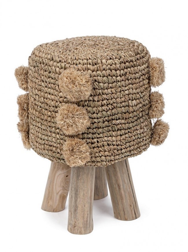 Sgabello Florinda G03 H45 in Teak Naturale con Seduta in Fibra Naturale