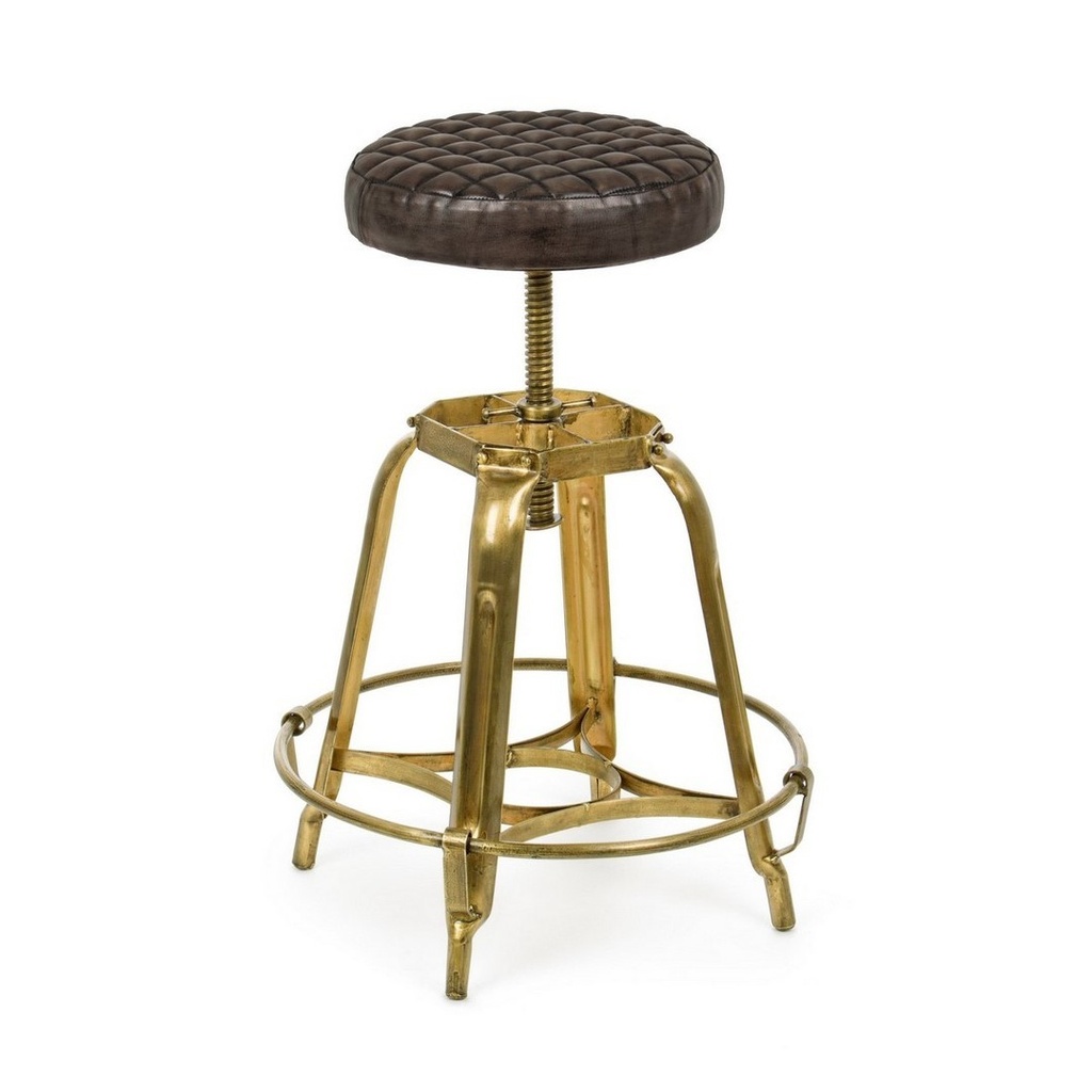 Sgabello in pelle vintage Mendez 71h cm, Struttura in Acciaio Oro, Altezza Regolabile