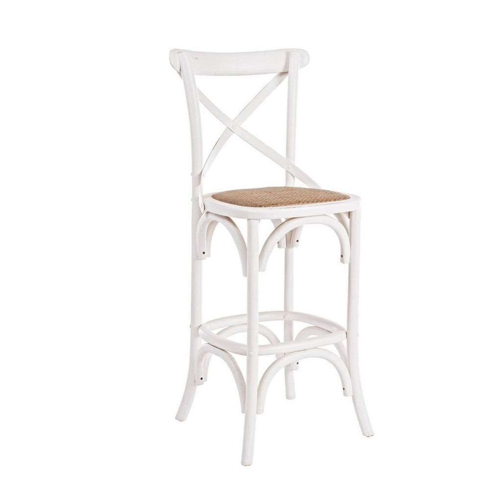 Sgabello Rustico Bar Cross Bianco - Struttura in Legno di Olmo - Seduta Imbottita in Rattan Naturale - Finitura Poliuretanica - Misure: 50x52x118 cm