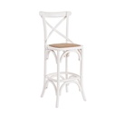 Sgabello Rustico Bar Cross Bianco - Struttura in Legno di Olmo - Seduta Imbottita in Rattan Naturale - Finitura Poliuretanica - Misure: 50x52x118 cm