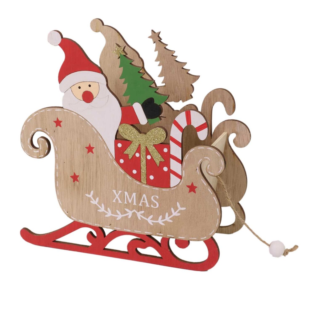 Slitta di legno con Babbo Natale naturale 22x10x23 cm