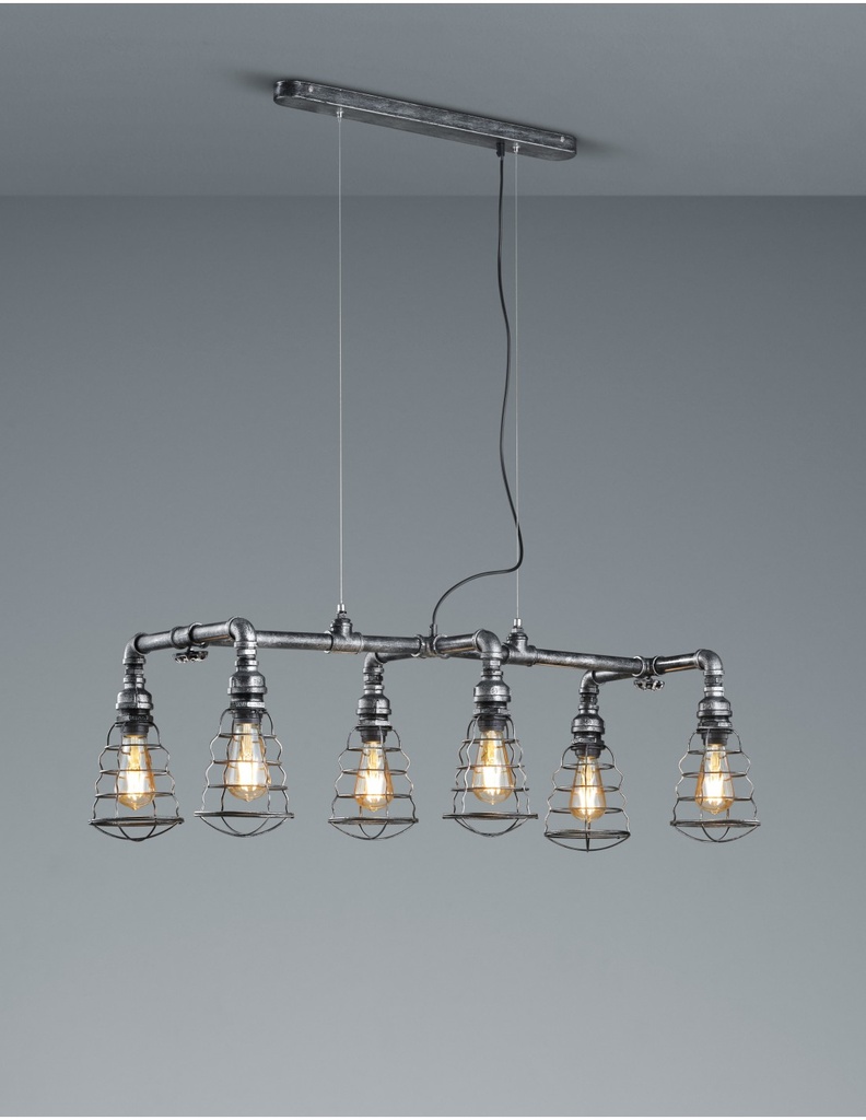 Sospensione 6xE27 Industrial Argento Anticato Gotham L102 cm Trio Lighting