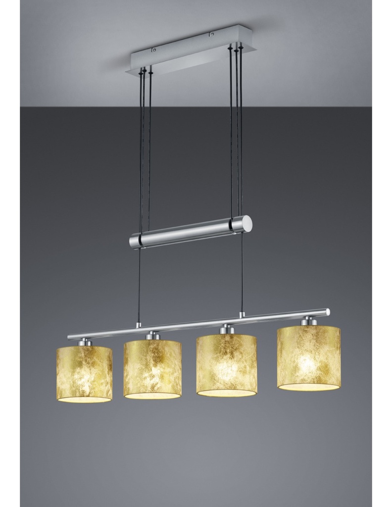 Sospensione Nichel 4 Paralumi Tessuto Oro L77 cm