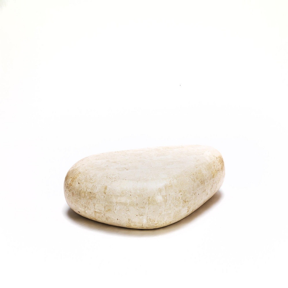 Tavolino moderno in pietra beige, con base in agata bianca e struttura interna in melaminico marino, finitura beige, fornito in kit da montare, 74 x 123 x 27
