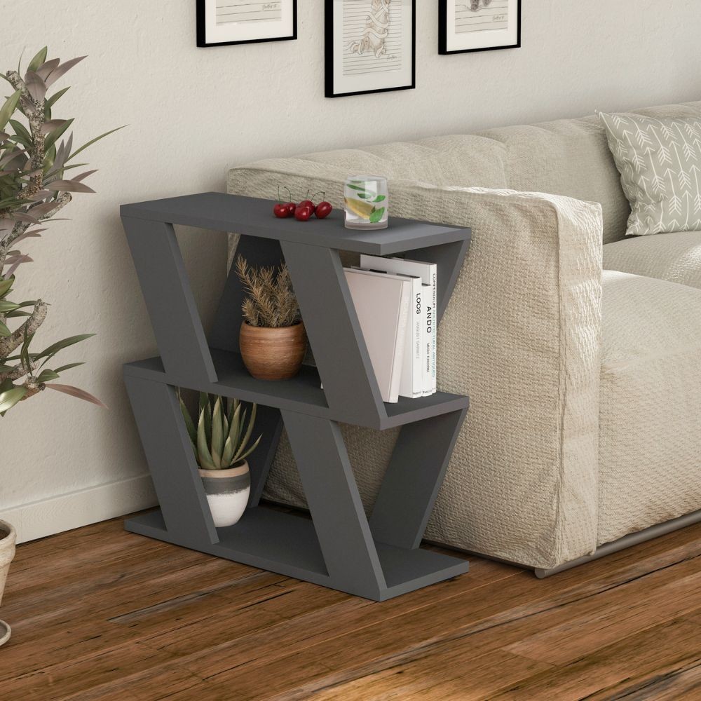 Tavolino Laterale da Salotto Lazena Antracite 3 Ripiani 57 cm 60 cm 22 cm