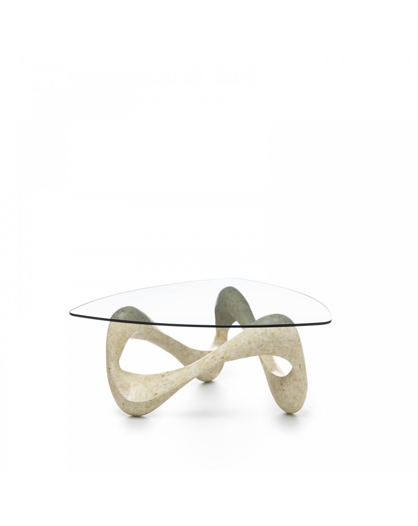 Tavolino trasparente-beige in vetro temperato e pietra fossile, 100x100x42.5 cm