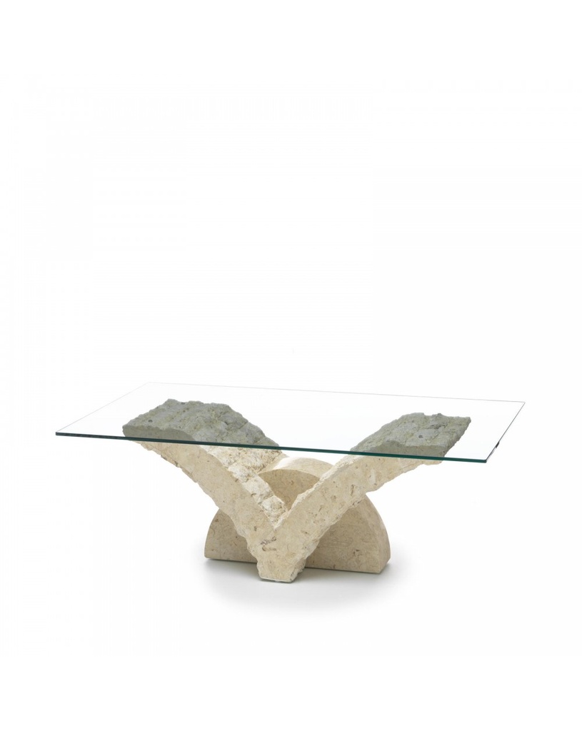Tavolino trasparente-beige in vetro temperato e pietra fossile, 70x120x40 cm