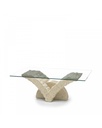 Tavolino trasparente-beige in vetro temperato e pietra fossile, 70x120x40 cm