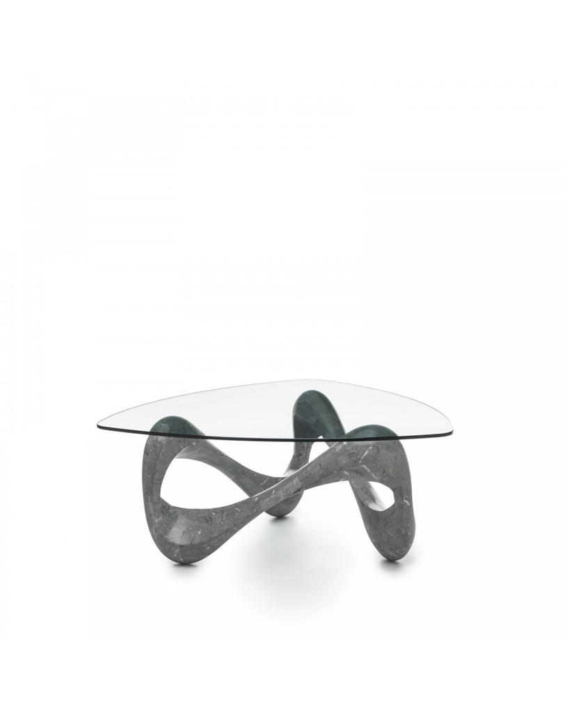 Tavolino trasparente e grigio, 100x100x42.5 cm, con top in vetro temperato e base in pietra fossile