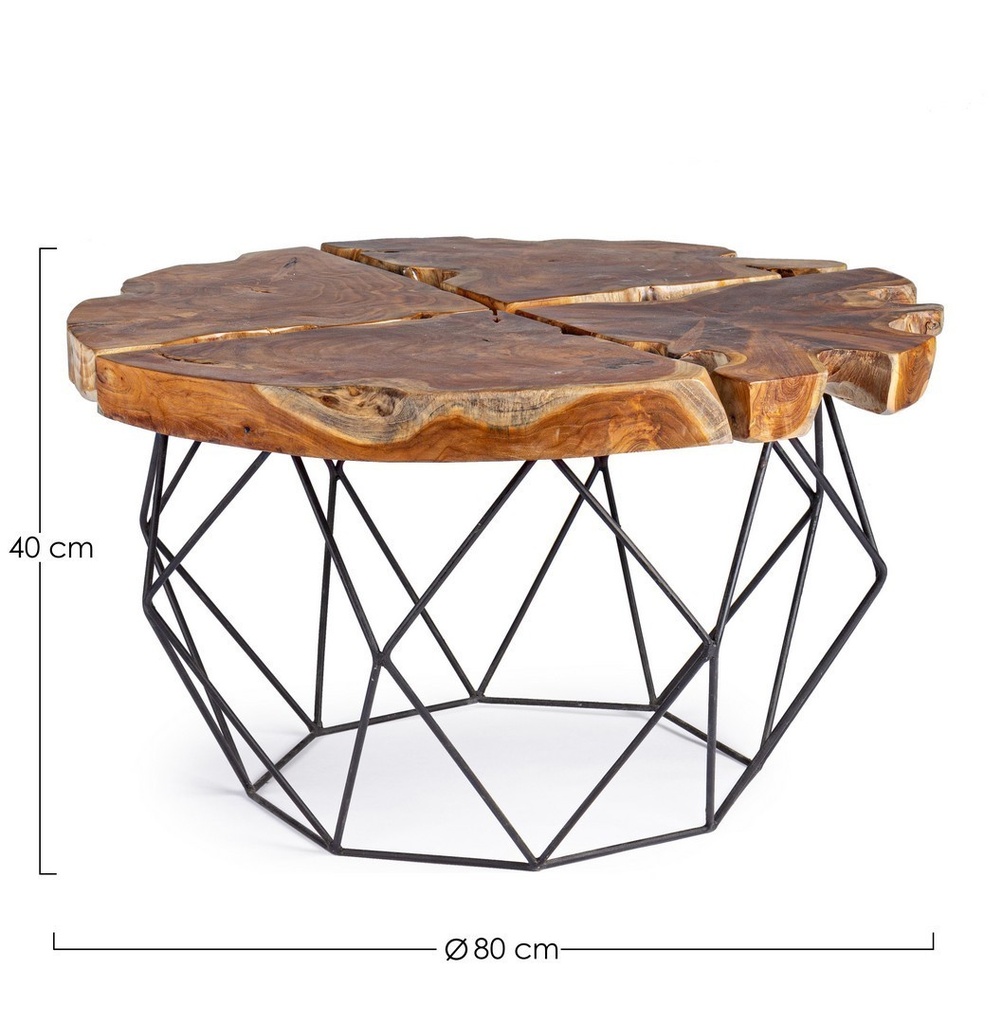Tavolino vintage metallo e legno Adanya - Ø80 cm diamentro, 40 cm altezza