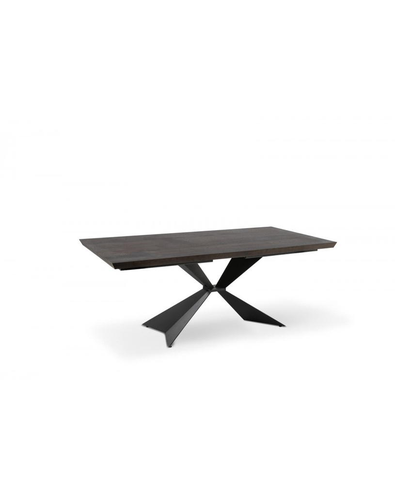 Tavolo fisso impiallacciato con gambe in metallo, colore rovere termocotto e nero, 90x160x76cm