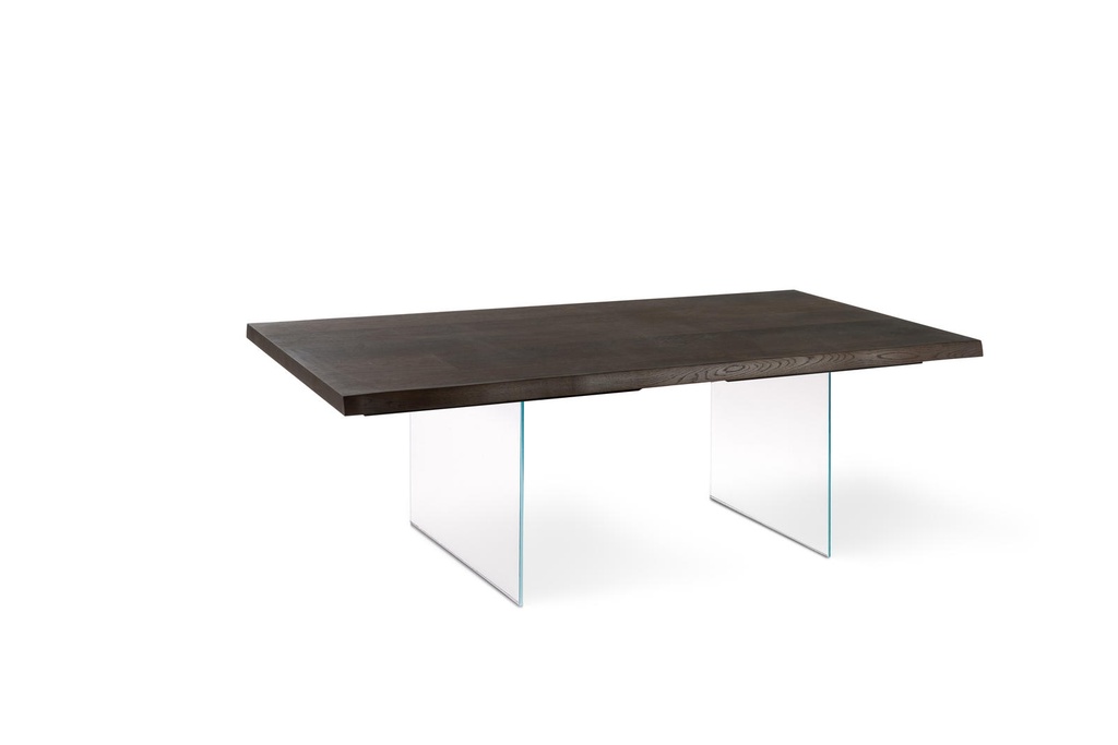 Tavolo fisso con piano in rovere termocotto e gambe in vetro trasparente, 100x200x76 cm