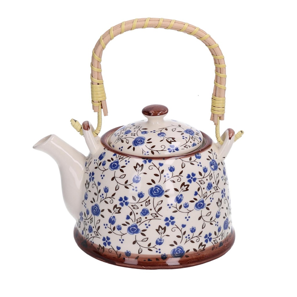 Teiera ceramica con fiori blu tondo 15x15x14 cm