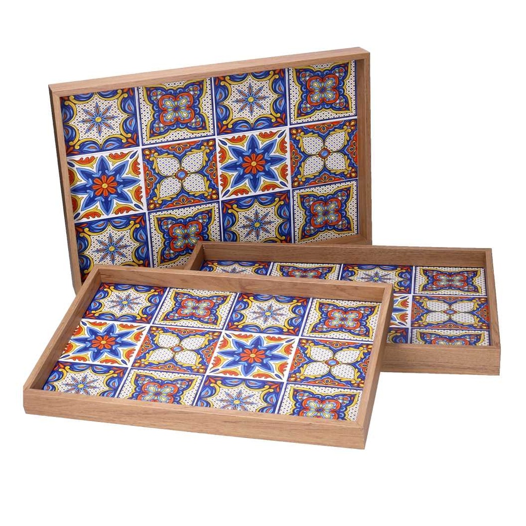Vassoio in legno blu con bordo naturale 45x30h4