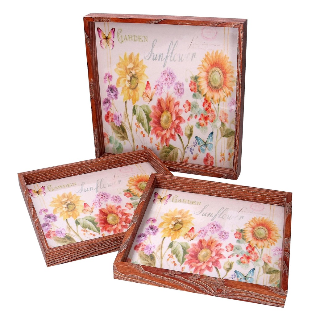 Vassoio in legno con 1-3 fiori verdi e bordo marrone cm30x30h3,3