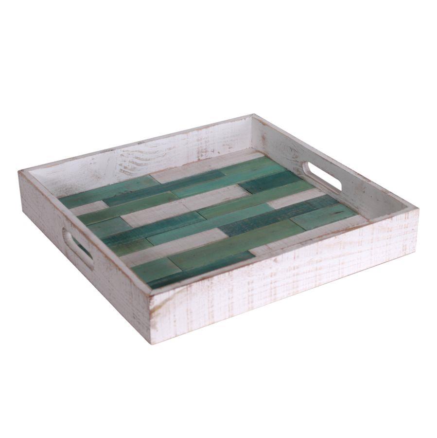 Vassoio mare legno bianco verde quadro 37x37x6 cm