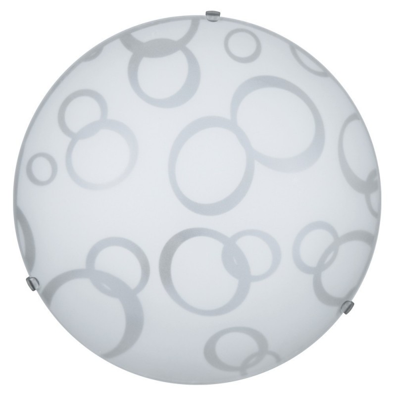 Plafoniera in vetro bianco decorato con cerchi ganci trasparenti diam.30 cm