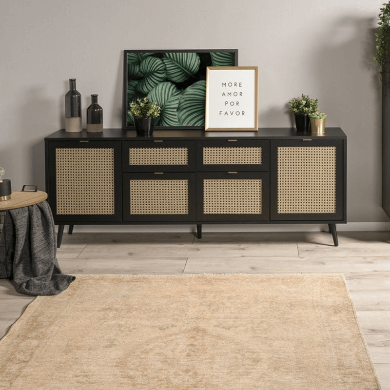 Madia nera con frontali effetto vimini - 180x40x71 cm