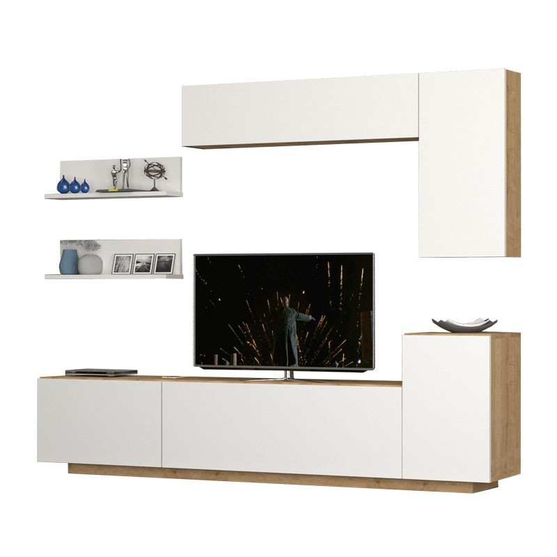 Parete Attrezzata 3 Ribalte con Pensili Bianco Rovere 200x35xh.40/60 cm