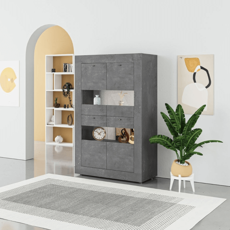 Vetrina Credenza Fiesta 4 Ante Grigio Cemento - L102 x P45 x 162 h cm