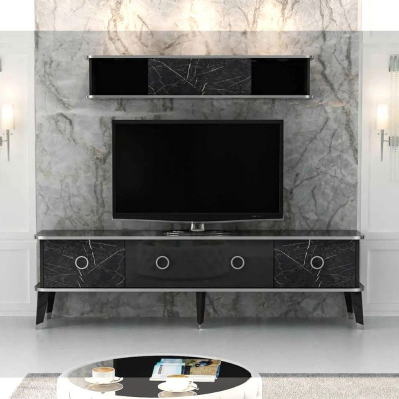 Porta TV con Pensile Bientv 180 Effetto Marmo Nero Argento