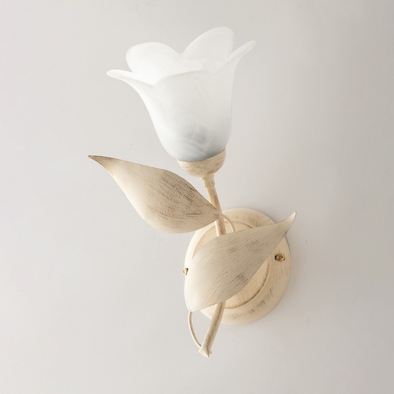 Applique in ferro Avorio Oro una luce vetro Alabastro Bianco 21x h33 cm