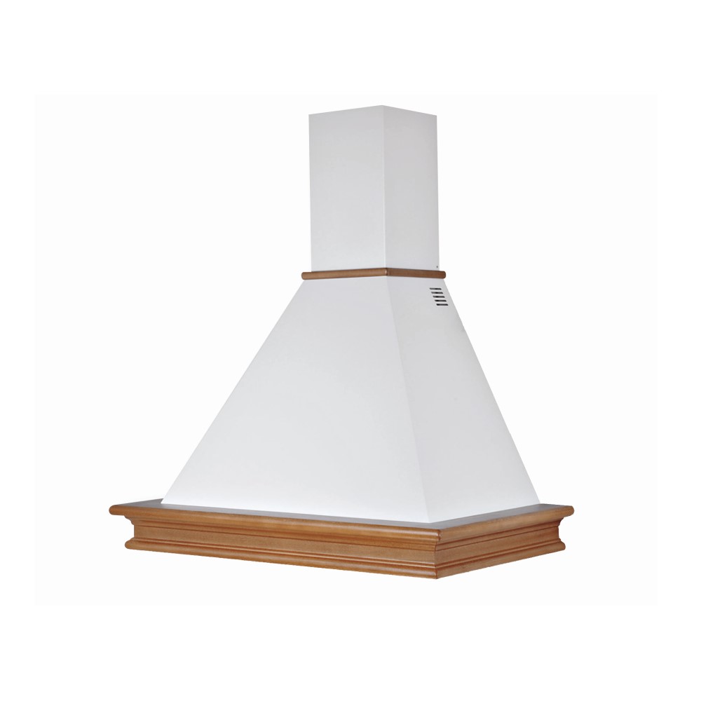 Cappa cucina rustica bianca con cornice in legno intarsio, dimensioni 90x50x54,5 cm