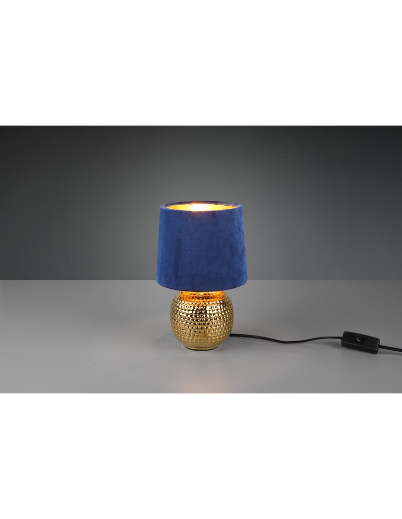 Lampada da Comodino in Ceramica Oro con Paralume in Velluto Blu