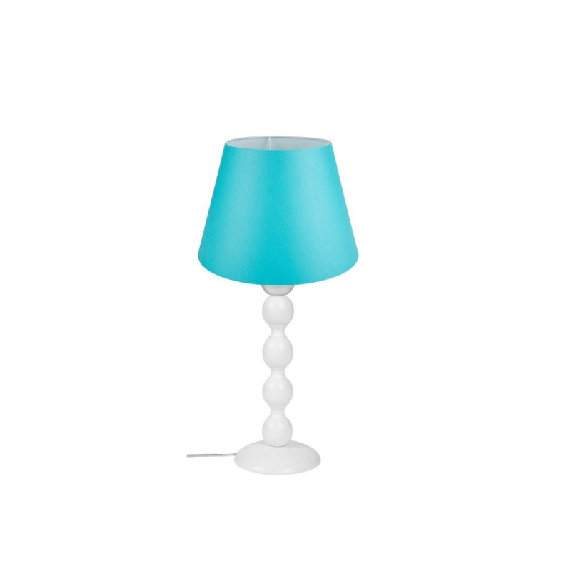 Lampada da tavolo con base in legno bianca e paralume tessuto turchese - Misure paralume 30x22 cm, base 17x37 cm - Attacco lampadina E27 60w