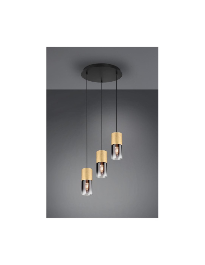 Lampadario a Sospensione 3 Luci Cilindro Ottone Vetro Fumé