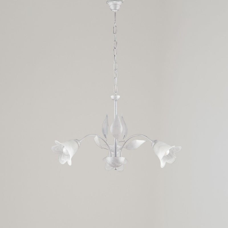 Lampadario in Ferro Bianco Argento Tre Luci Vetri Alabastro Bianchi 60x h43 cm