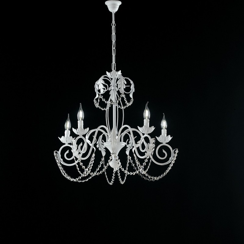 Lampadario in ferro Bianco Shabby strass damasco cinque luci 63x h65 cm