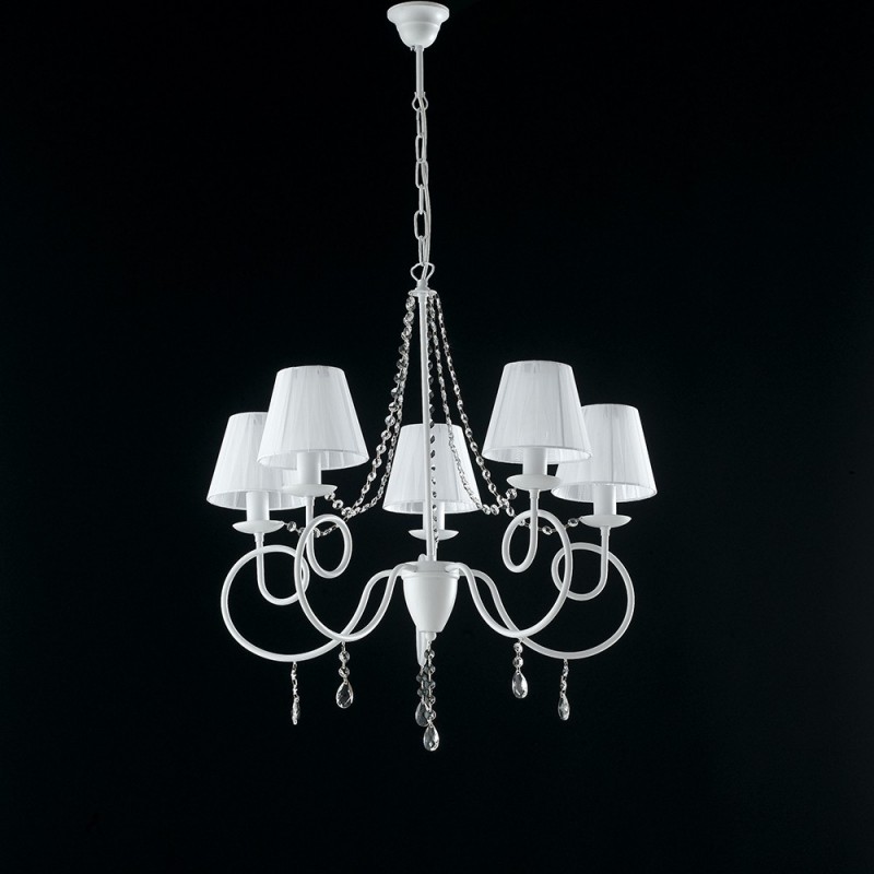 Lampadario in ferro bianco con 5 luci e paralumi bianchi - Dimensioni 68x72 cm