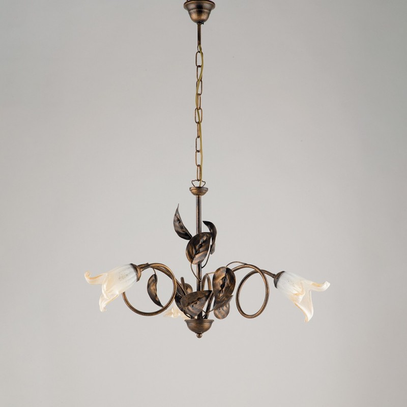Lampadario in ferro con vetri bianchi e ambra, tre luci, 58x h43 cm