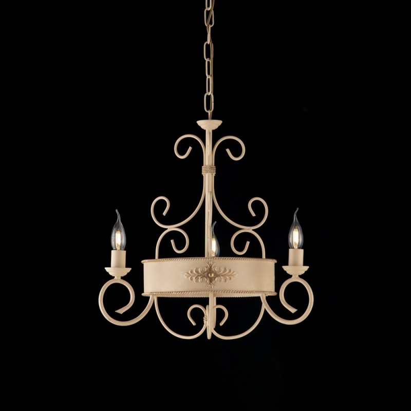 Lampadario in Ferro Laccato Avorio con Decoro Decape 3 Luci e Fregi - Altezza 53 cm, Diametro 54 cm