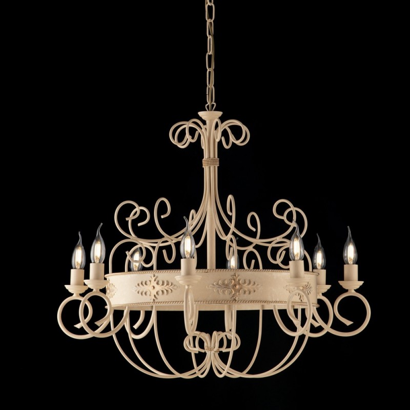 Lampadario in Ferro Laccato Avorio con Decoro Decape 8 Luci e Fregi - Altezza 66 cm, Diametro 76 cm