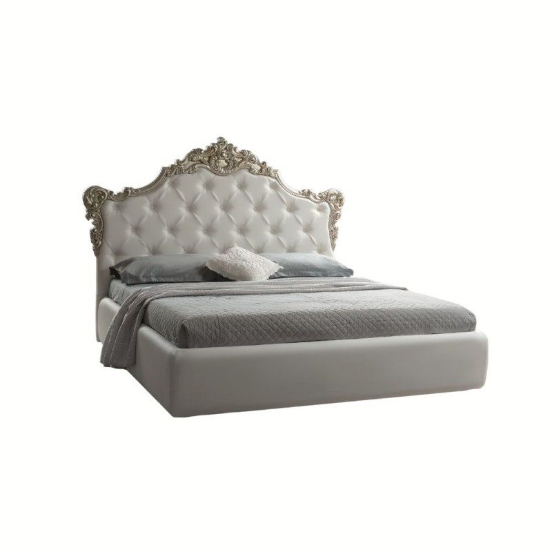 Letto matrimoniale barocco con contenitore in ecopelle bianco argento 194x209x140 cm