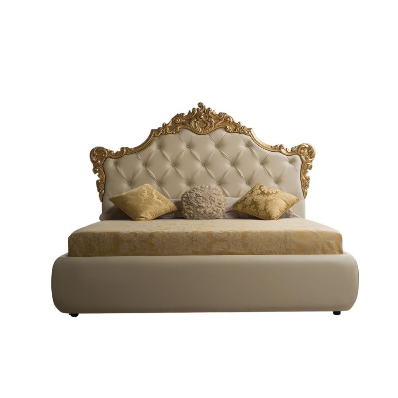 Letto matrimoniale barocco con contenitore in ecopelle Savoia Crema Oro 194x209x140 cm