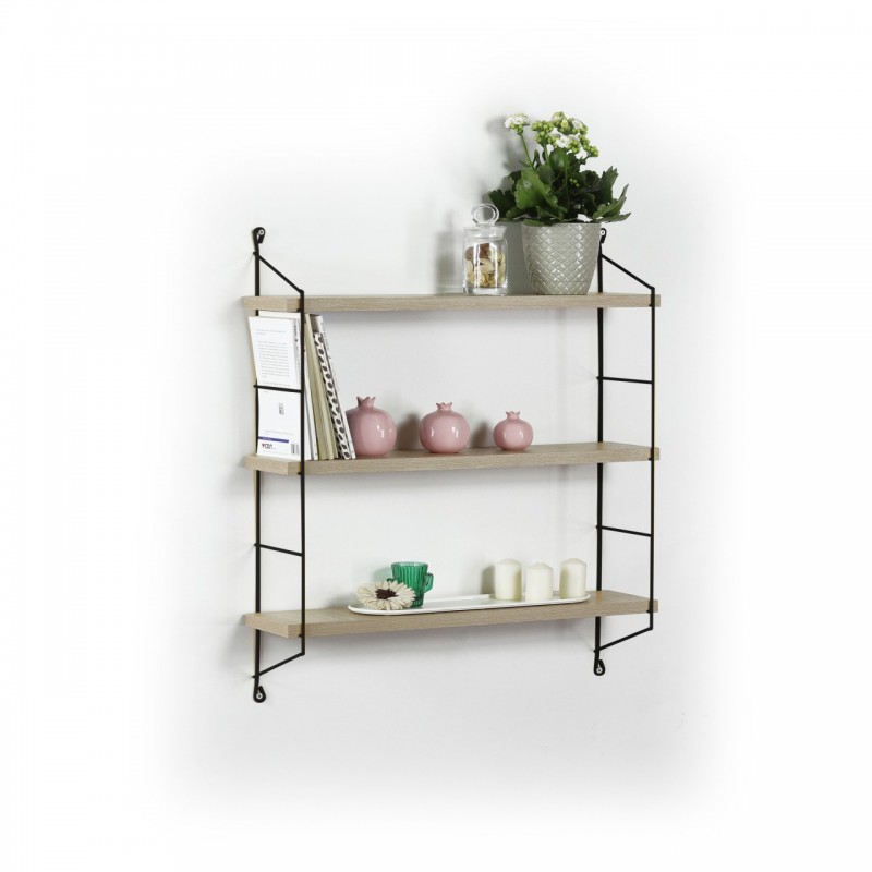 Libreria a muro 3 ripiani rovere/nero 60x15x68 cm
