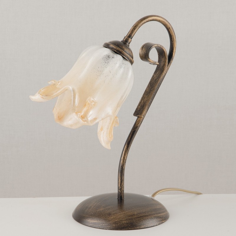 Lumetto in ferro marrone oro paralume vetro bianco ambra 23x h30 cm