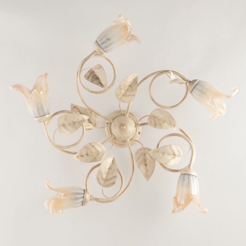 Plafoniera in Ferro Avorio Oro Vetri Bianchi Ambra Cinque Luci 70x h20 cm