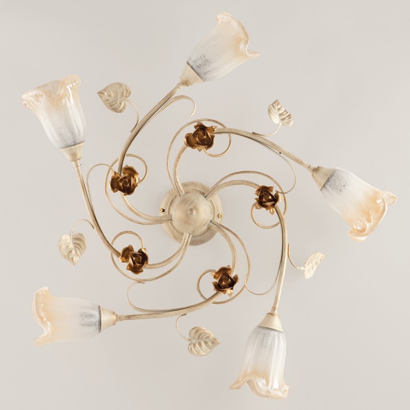 Plafoniera in ferro Avorio Oro rose cinque luci 70x h15 cm