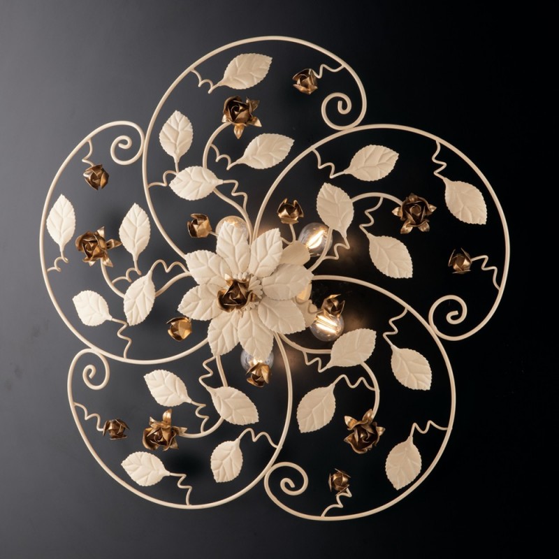 Plafoniera in ferro laccato avorio con decorazione oro 5 luci - Altezza 22 Cm, Diametro 65 Cm