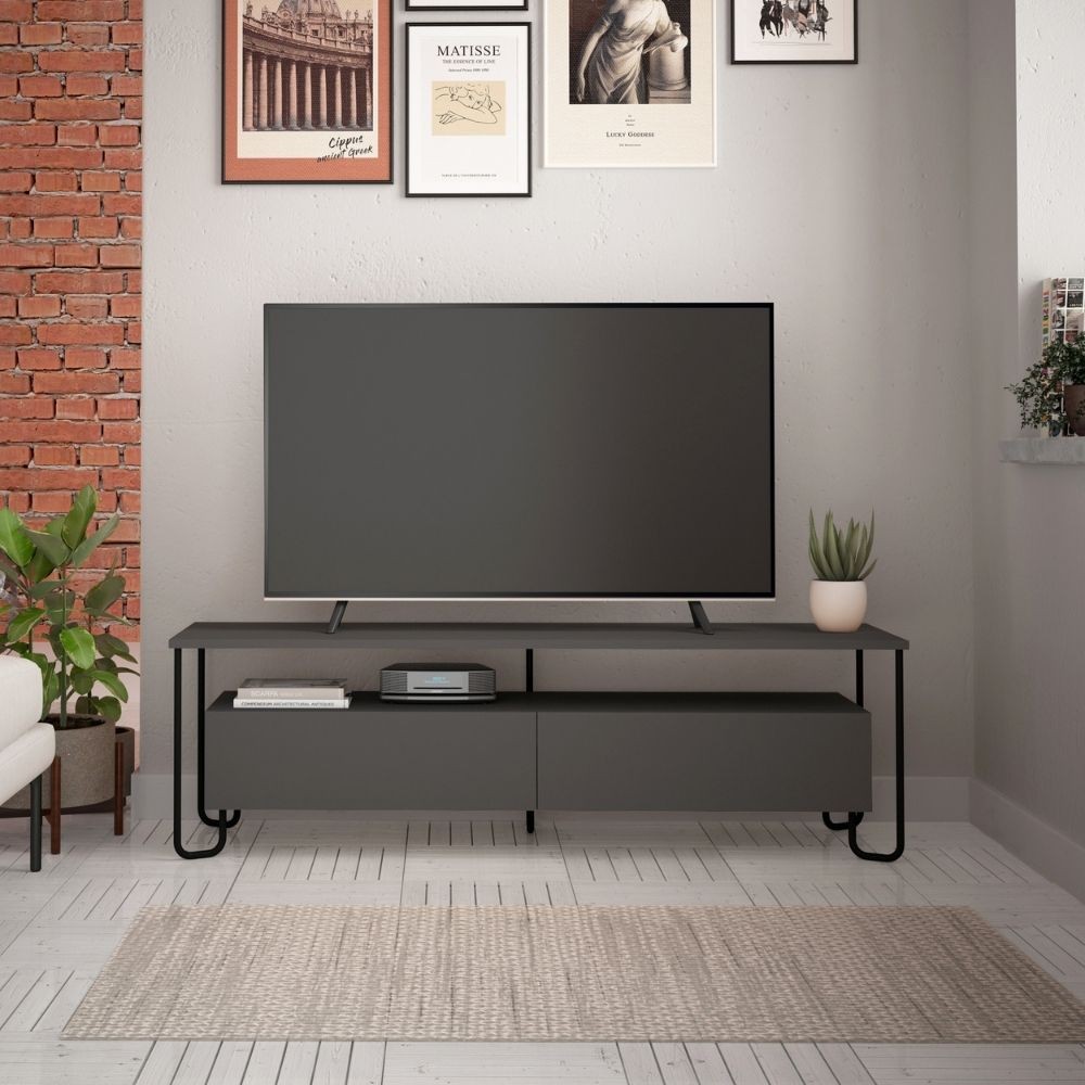 Porta Tv Cornea due ante antracite - Mobile port tv con piedi in metallo nero - Misure 150x42x45 h cm