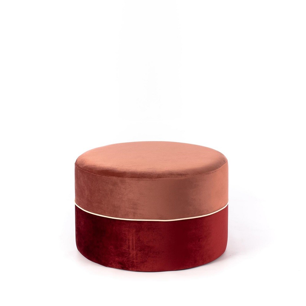 Pouf in velluto rosa antico e bordeaux, misure 62 x 62 x h 39