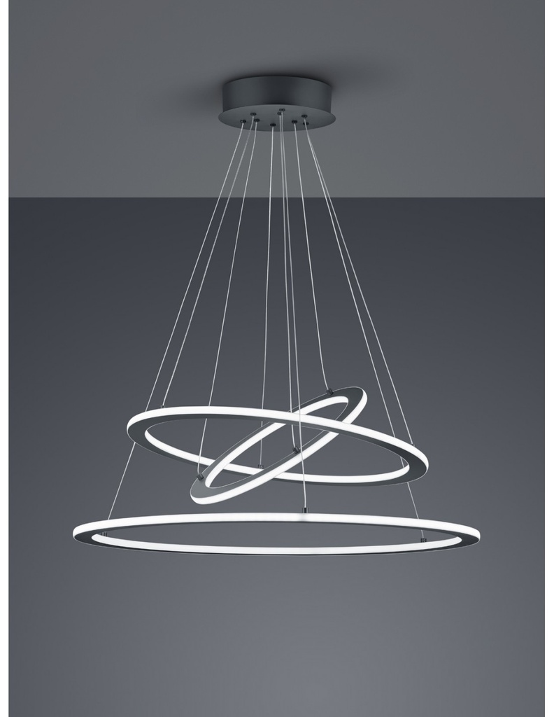 Sospensione LED Dimmerabile 3 Anelli Antracite Ø80 cm