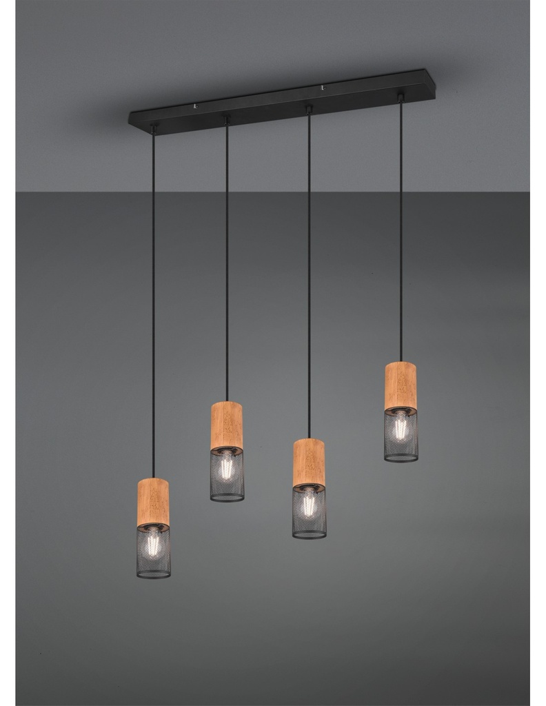Sospensione Tosh Nero 4xE27 Legno E Gabbia Metallica L65 cm