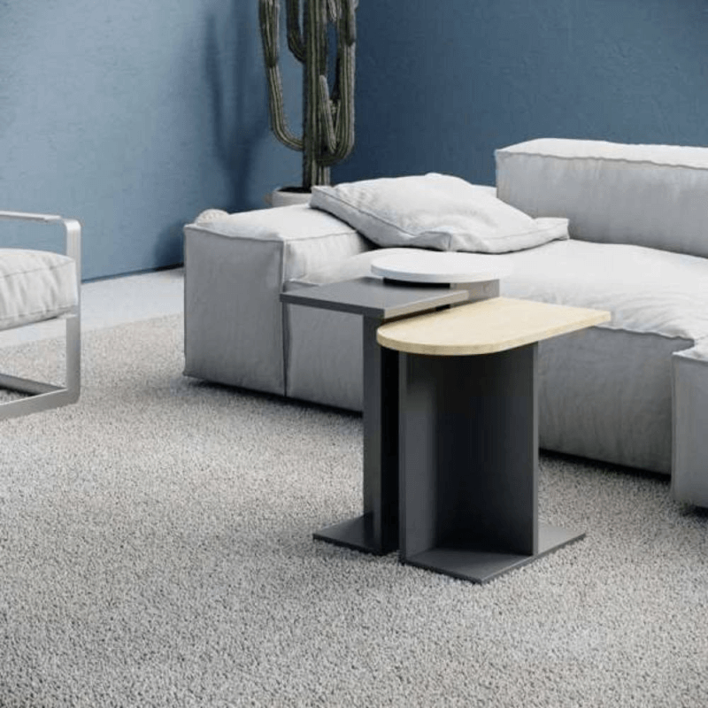 Tris tavolino da salotto Mund antracite rovere e bianco - Set di 3 tavolini con diverse forme e dimensioni
