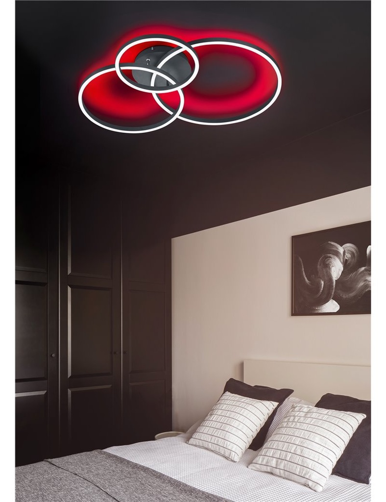 Plafoniera LED tonda orientabile nera retro-illuminata RGB con telecomando multifunzione - L. 77cm