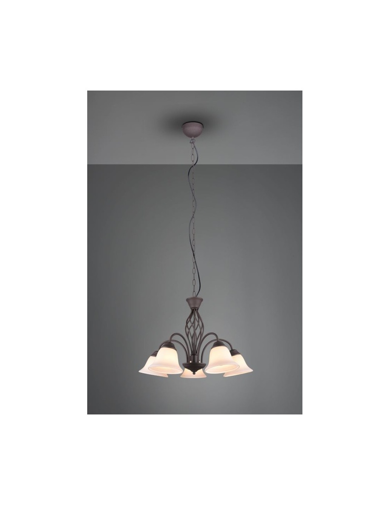 Lampadario Sospensione Rustica 5 Luci Ruggine Coppe Vetro Bianco Trio Lighting - Samnite